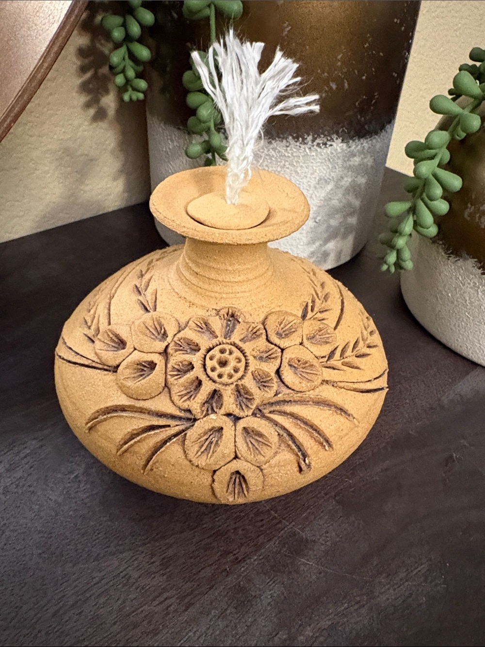 Decorative Sandstone Floral Oil Lamp - Tan